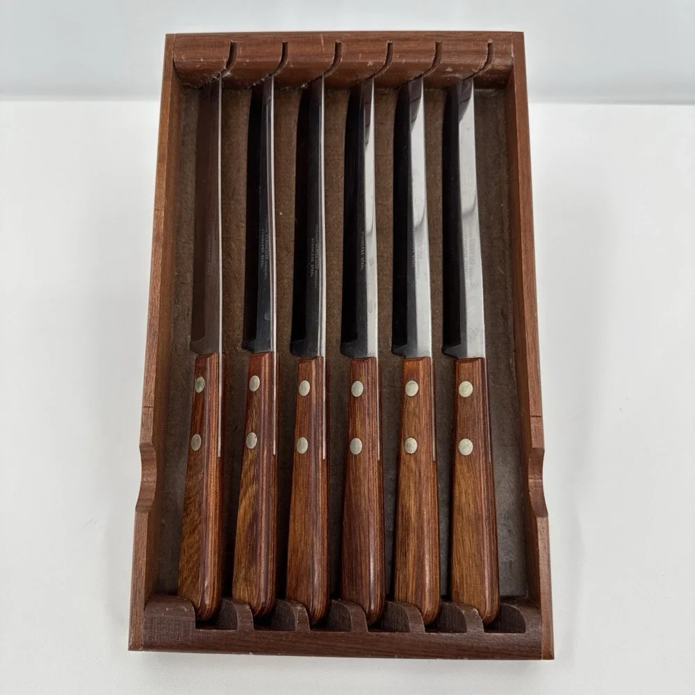 Robinson Hollow Ground Stainless‎ Steel Steak Knives Set of 6 Wood Storage Tray